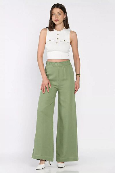 GÜLSELİ Khaki Women's Elastic Waist High Waist Wide Leg Palazzo Trousers