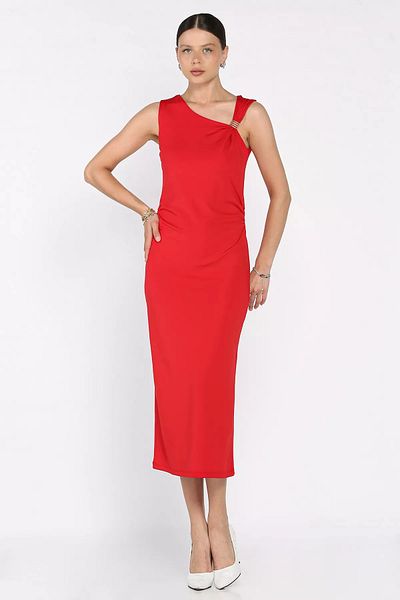 GÜLSELİ Red Women's Waist Gathered Lycra Dress with Shoulder Accessory Detail