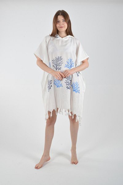 CASPARA Μπλε κοραλί μοτίβο Poncho I Βαμβακερό μπλε ύφασμα Viscon I Ρούχα παραλίας Pareo Beachwear