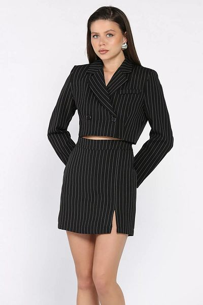 GÜLSELİ Black Striped Crop Top Jacket Shorts Skirt Two Piece Set