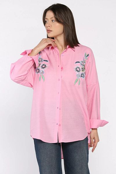 GÜLSELİ Cămașă casual brodata cu paiete brodate cu flori pentru femei roz