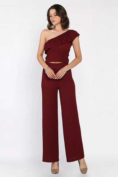 GÜLSELİ Burgundy Women's Self Patterned One Shoulder Blouse Pants Double Suit