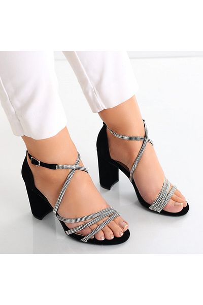 MODA STİL Sandale Dama Cu Toc Negre Din Imitatie Catifea Nirela, 36