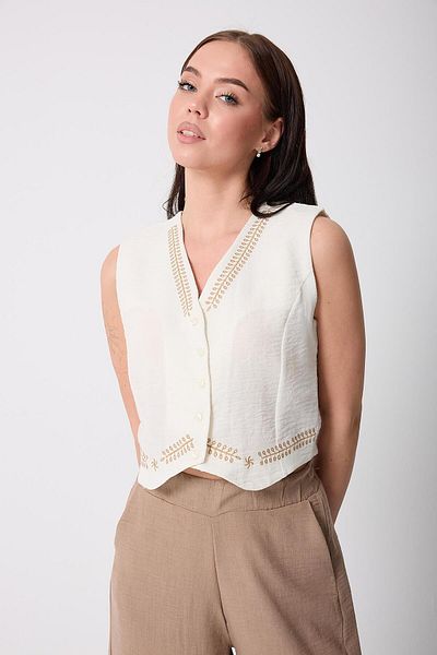 AMİDA Women's Ecru Muslin Linen Embroidery Detailed Buttoned Vest - 2523