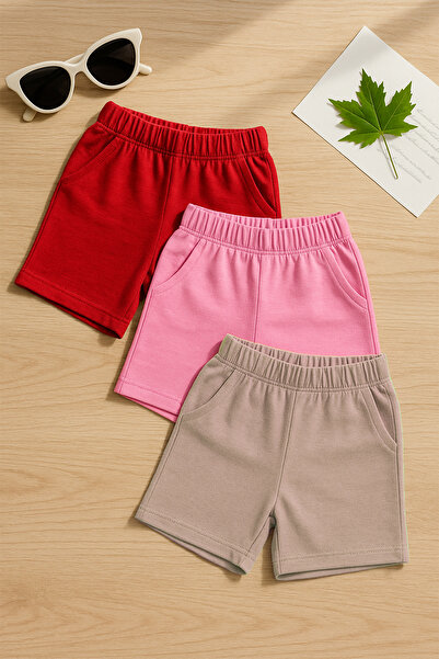 TARZ STİL Yeni Sezon Kaliteli 3'lü Cepli Compakt Penye Kız Çocuk Şort Seti