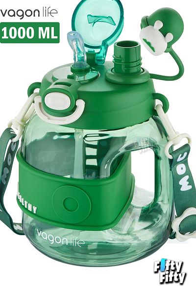 Vagonlife Single Cover Dual Use with Straw/Comfortable Drinking 1000 ml Children's Water Bottle with Neck Strap-Ffvgn6278