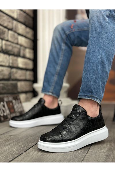 EBRUS TREND Et0134 Thick High White Sole Patterned Cross Band Black Men's Shoes