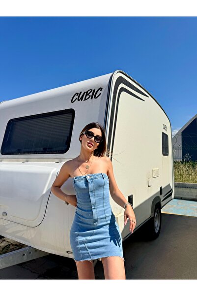 imrayboutique Kadın Düğmeli Mavi Kot Elbise