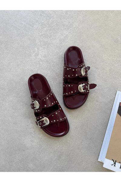 STRASWANS Gavi Women's Drop Detail Daily Comfort Leather Slippers Claret Red