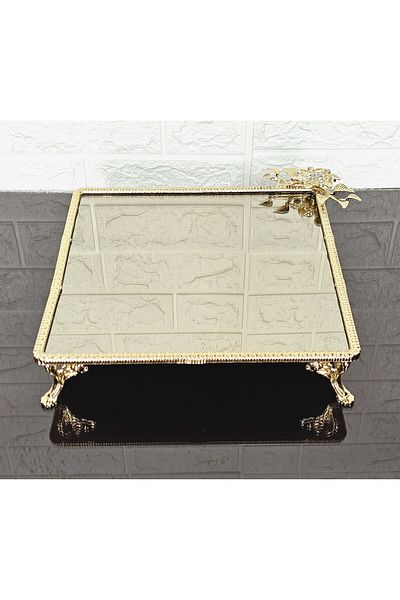 atabey home Bronze Glass Large Square Serving Plate 4 Feet-Presentation-Word Tray-Presentation Tray-Dump Gold Frame 27cm