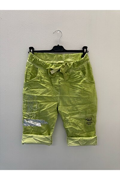 della moor Women's Green Italian Stone Varaklı L Stretch Fabric Shorts