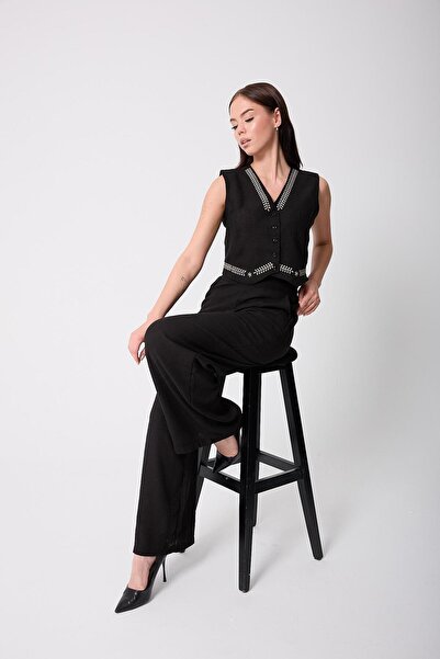 AMİDA Women's Black Muslin Linen Embroidery Detailed Buttoned Vest - 2523