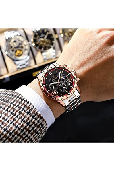 delis Ανδρικό ρολόι Poedagar CS1815, ανοξείδωτο ατσάλι, ασημί-ροζ χρυσό, μαύρο καντράν