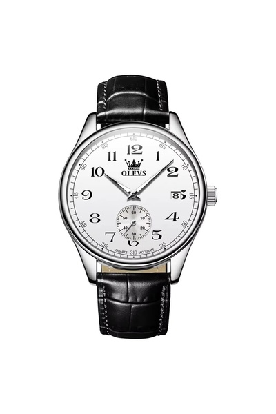 delis Ceas barbatesc Olevs CS1943, piele naturala, negru, cadran alb