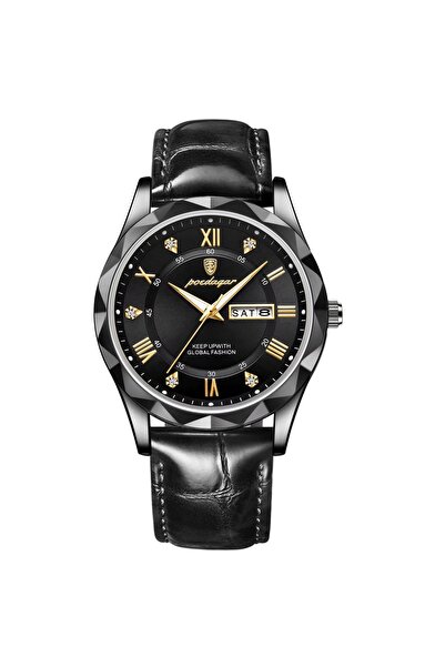 delis Мъжки часовник Poedagar CS1779, естествена кожа, черен, черен циферблат