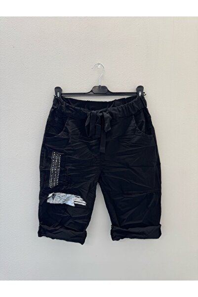 della moor Women's Black Italian Stone Varaklı L Stretch Fabric Shorts