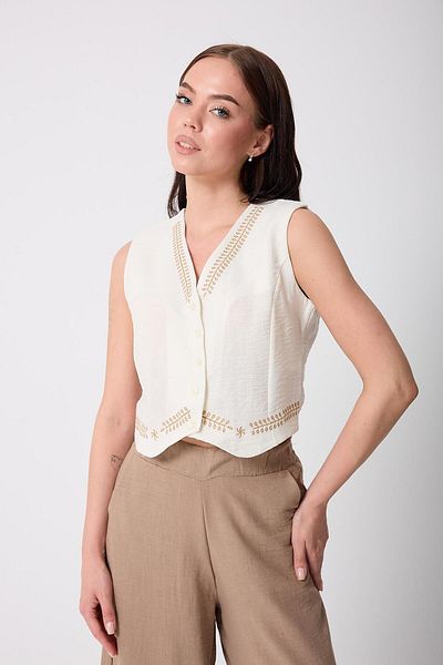 AMİDA Women's Ecru Muslin Linen Embroidery Detailed Buttoned Vest - 2523