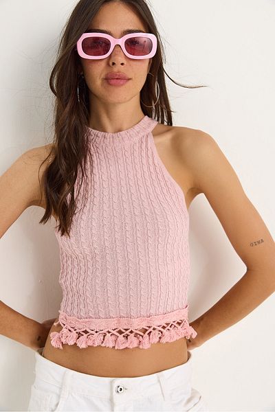 Bianco Lucci Women's Patterned Tassel Knitwear Blouse 20251026