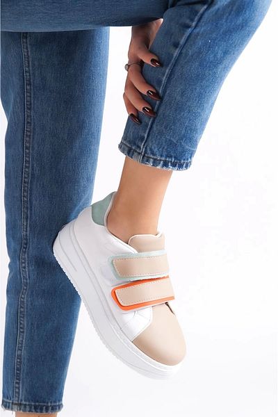 Joy Ayakkabı Valencia Laceless Velcro Orthopedic Sole Women's Sneaker Sports Shoes Bt - White/Tan/Blue
