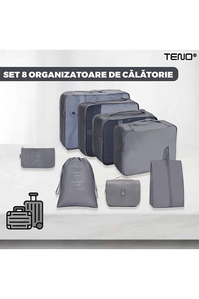 Teno Set 8 Organizatoare Teno®, pentru calatorie, inchidere cu fermoar dublu, gri