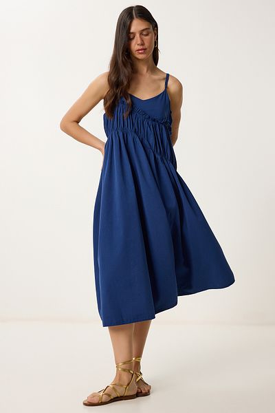 Lovelyİstanbul Summer Woven Dress with Strap Dark Blue Lrc0002