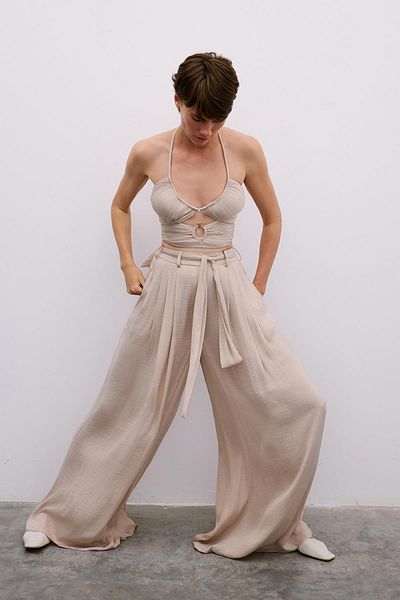 Rue Studio Wide Leg Pleated Beige Trousers