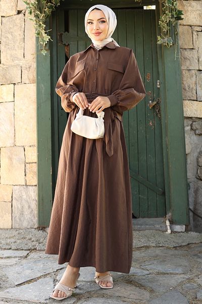 InStyle Σετ με διπλή τσέπη με μπαλόνι μανίκι Bitter Brown φούστα