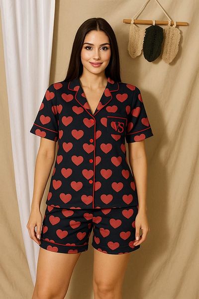 FENZO Women's Black-Red Shorts Suit Buttoned Piping and Pocket Detailed Printed Shorts Suit Cotton Viscose