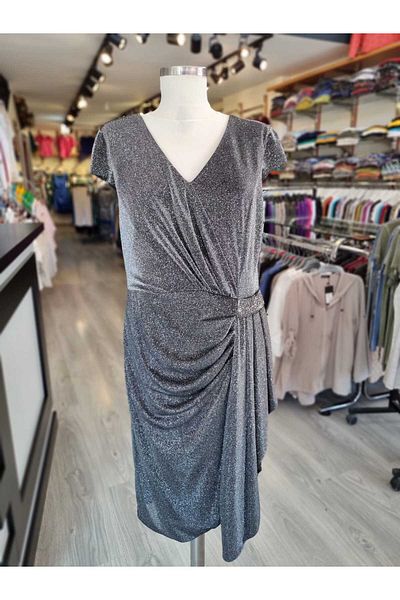 Paşalı V-Neck Low Sleeve Sandy Fabric Lycra Dress