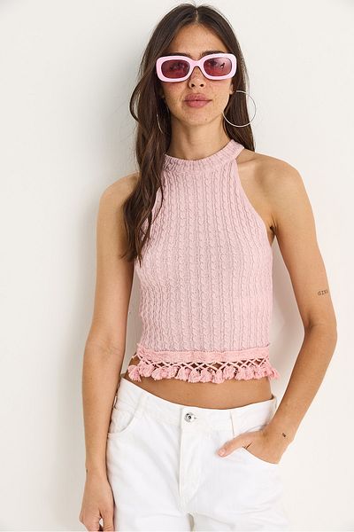 Bianco Lucci Women's Patterned Tassel Knitwear Blouse 20251026