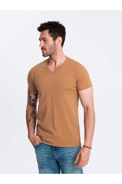 OMBRE Herren BASIC klassisches Baumwoll-T-Shirt mit V-Ausschnitt - braun V9 OM-TSBS-0145 M