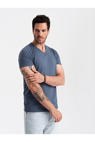 OMBRE Pánske klasické bavlnené tričko BASIC s výstrihom v tvare pása - modrá melanž V18 OM-TSBS-0145 L