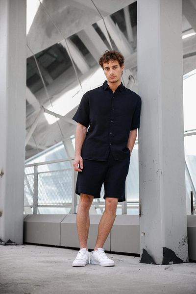 Pobudo Black Color Linen Look Muslin Summer Set - Shirt and Shorts Men's Set
