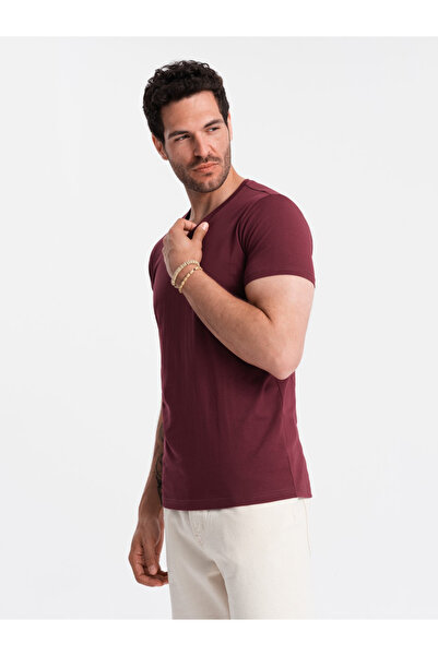 OMBRE Ανδρικό βαμβακερό κλασικό μπλουζάκι BASIC με V-λαιμόκοψη - καφέ V10 OM-TSBS-0145 M