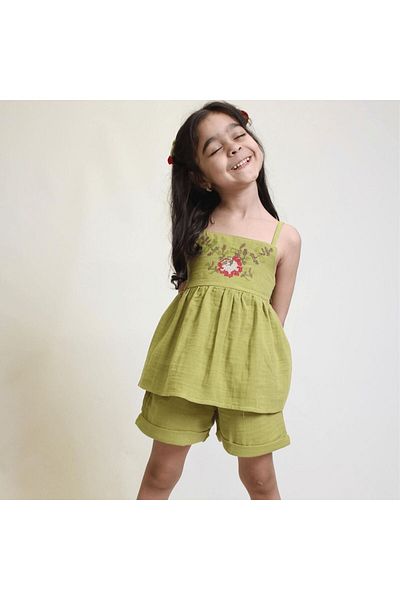 OZZY KİDS Girl's Shorts Set – Cross Stitch Embroidered Muslin Fabric