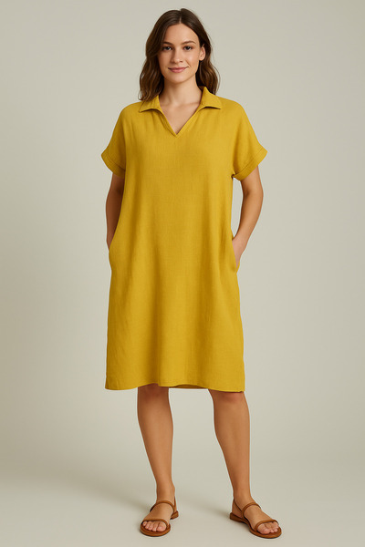 Çeşme Home Women's Judge Collar V-Neck Linen Fabric Oversize Loose Summer Dre...