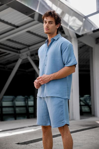 Pobudo Blue Color Linen Look Muslin Summer Set - Shirt and Shorts Men's Set