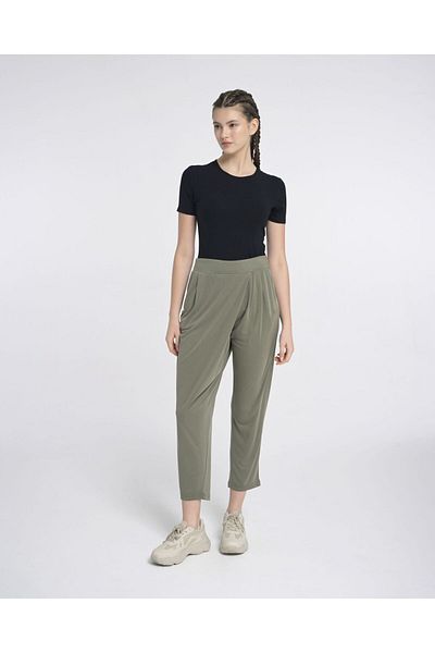 Monolou Summer Trousers Khaki with Asymmetrical Modal Fabric on the Front