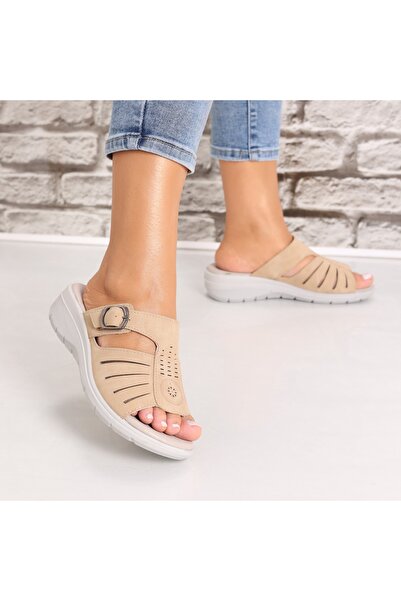 Botinelli Women's Khaki Platform Slippers Made of Monine -Leather, 37