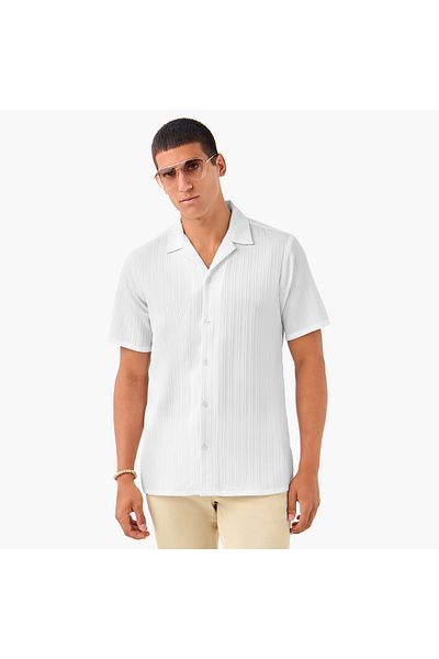 FAV Regular Fit Dobby Textured Shirt with Camp Collar and Short Sleeves