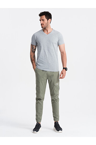 OMBRE Ανδρικό κλασικό βαμβακερό μπλουζάκι BASIC με στρογγυλή λαιμόκοψη - γκρι μελανζέ V16 OM-TSBS-0145 L