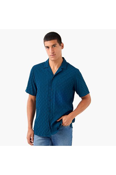 FAV Regular Fit Dobby Textured Shirt with Camp Collar and Short Sleeves