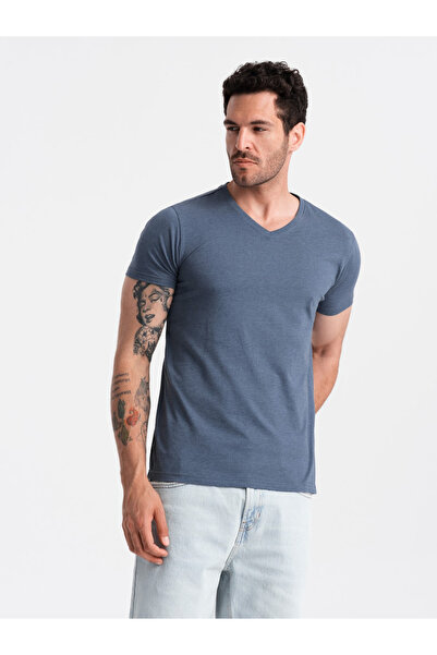 OMBRE Ανδρικό κλασικό βαμβακερό μπλουζάκι BASIC με λαιμόκοψη σεράπ - μπλε μελανζέ V18 OM-TSBS-0145 L