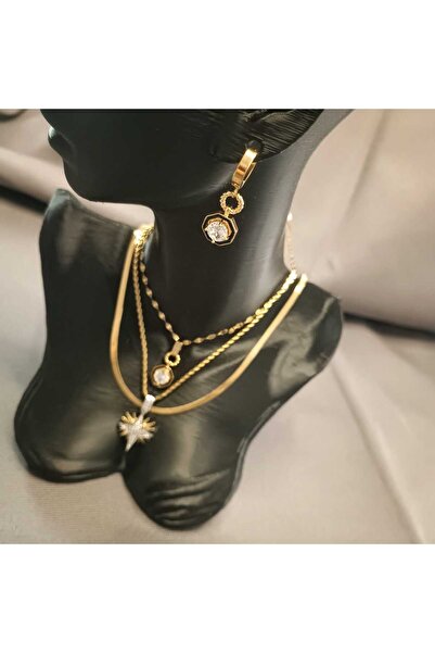 Masal Gurumi SİYAH TAŞLI&KUTUP YILDIZI UÇLU KOLYE&İTALYAN EZME ZİNCİR KOLYE&SİYAH TAŞLI SALLANTILI KÜPE SETİ