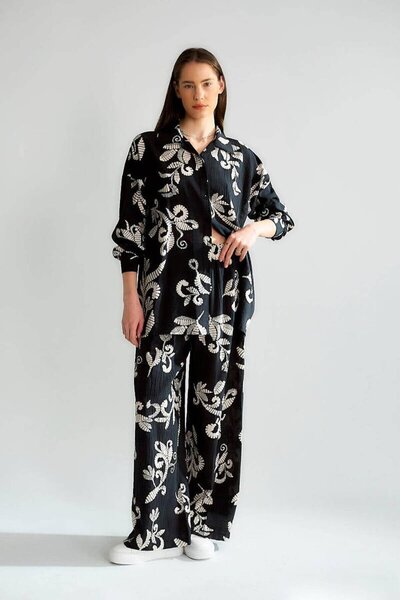 Nazen Giyim Patterned Sleeves Black Women's Set M38089-2Y5