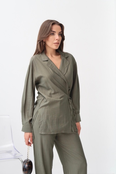 Paw Garage Women's Zarae Double Breasted Collar Side Tie Suit, Summer Shirt-Pants Set
