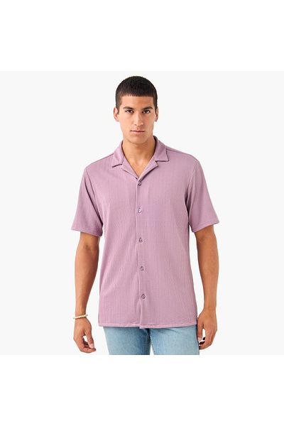 FAV Regular Fit Dobby Textured Shirt with Camp Collar and Short Sleeves