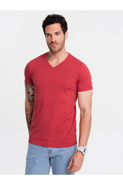 OMBRE BASIC Herren klassisches Baumwoll-T-Shirt mit Rundhalsausschnitt - rot meliert V17 OM-TSBS-0145 L