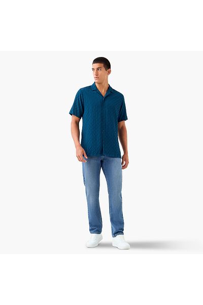 FAV Regular Fit Dobby Textured Shirt with Camp Collar and Short Sleeves