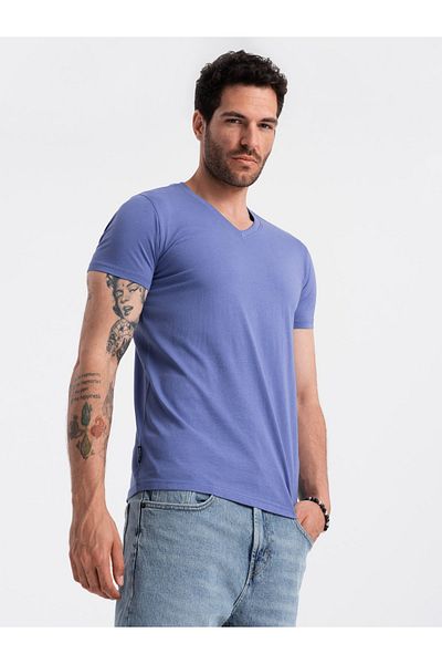 OMBRE BASIC Herren Baumwoll T-Shirt mit V-Ausschnitt - Lila V12 OM-TSBS-0145 S